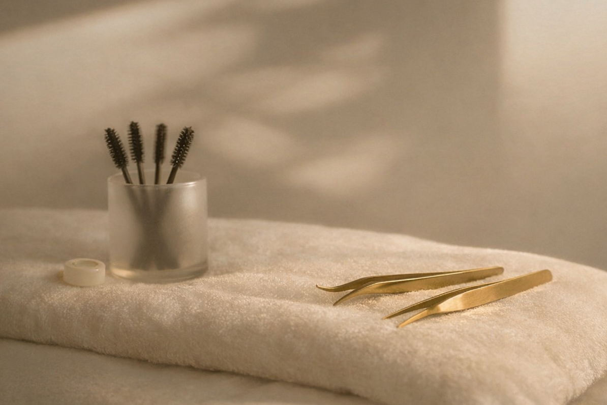 Spoolies and lash tweezers on a towel in a salon environment.